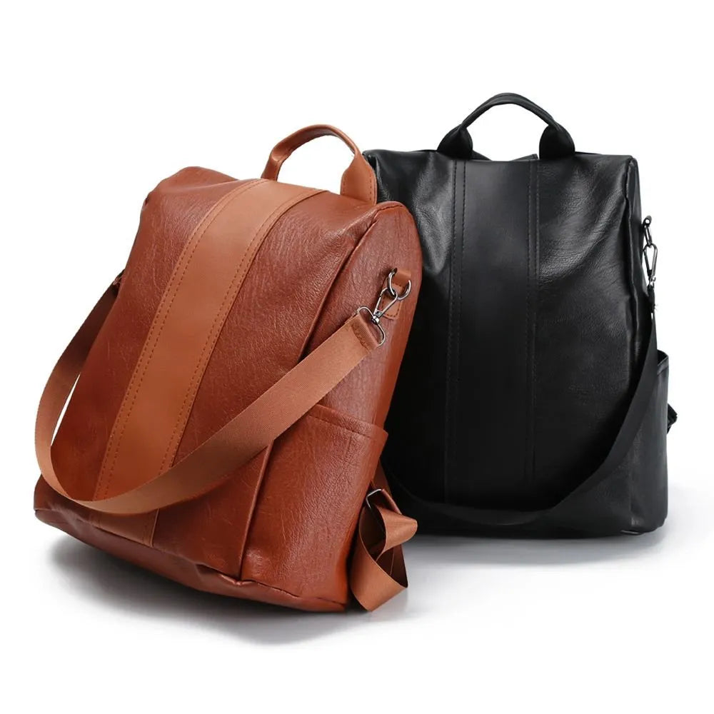 Female Vintage Travel Rucksack Backpack Classic Solid Color Pu Leather Backpack Women