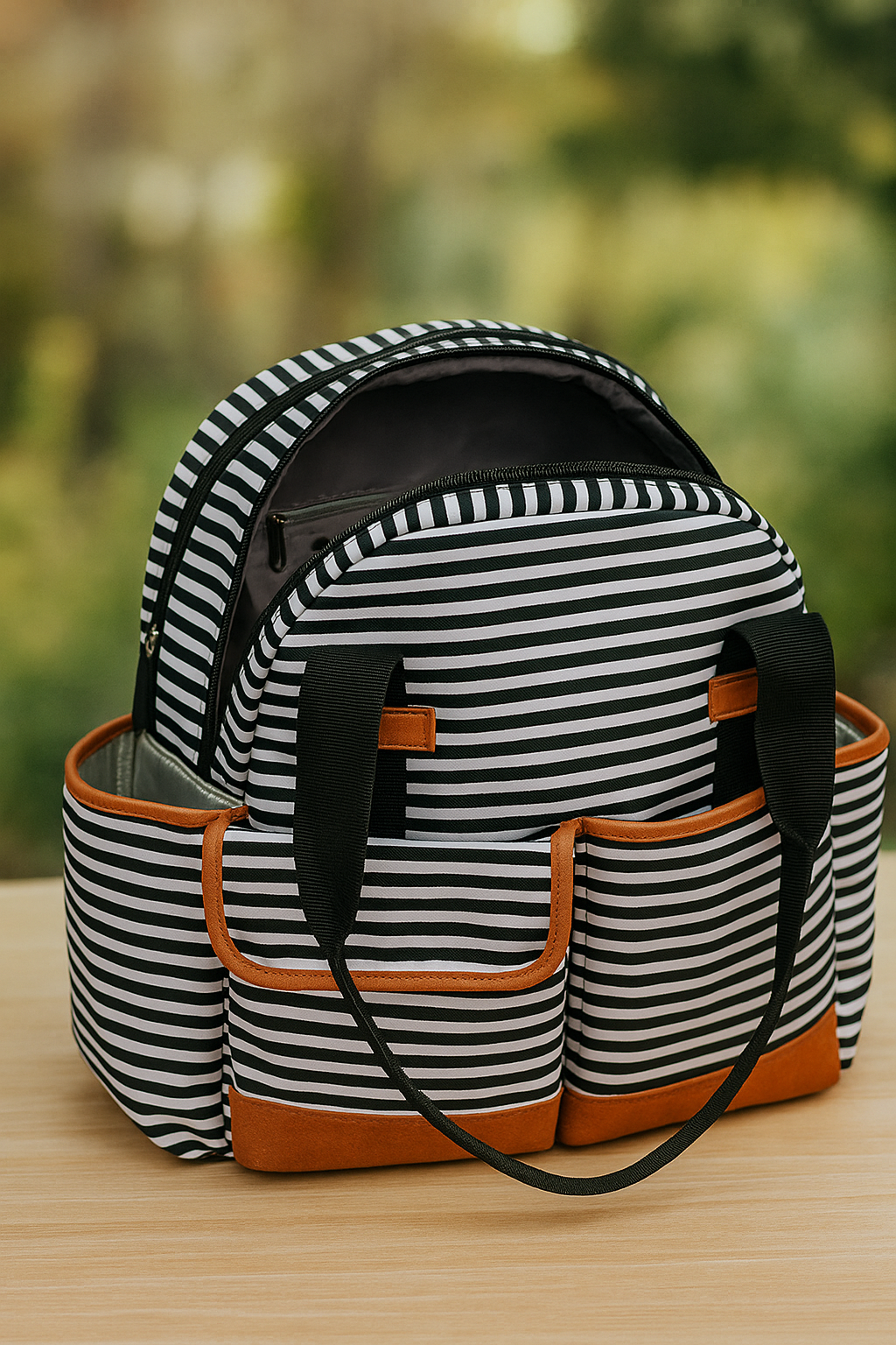 iPack Striped 12-Pocket Baby Diaper Tote Bag – Black & White