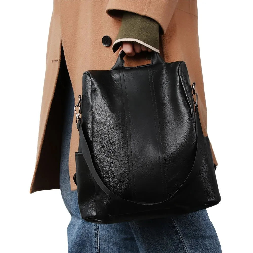 Female Vintage Travel Rucksack Backpack Classic Solid Color Pu Leather Backpack Women
